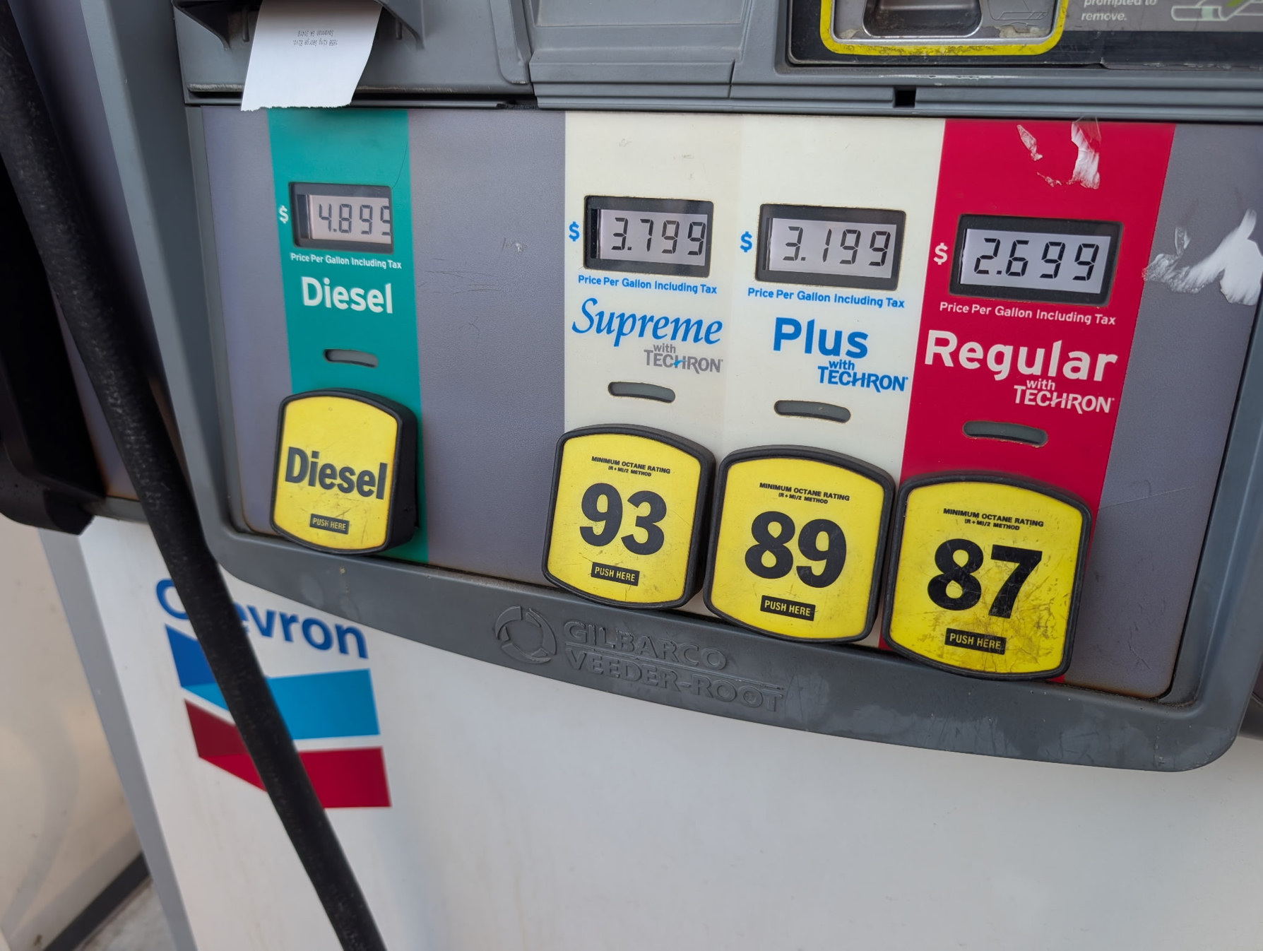 Same pump after the discount. Regular is $2.699, Plus $3.199, Supreme $3.799, and diesel $4.899.